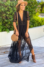 Load image into Gallery viewer, Black Lace Maxi Romper with Sleeves and Slits
