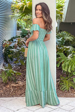 Load image into Gallery viewer, Green Striped Off Shoulder Maxi Dress
