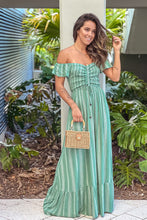 Load image into Gallery viewer, Green Striped Off Shoulder Maxi Dress
