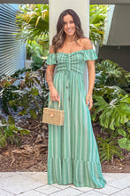 Load image into Gallery viewer, Green Striped Off Shoulder Maxi Dress
