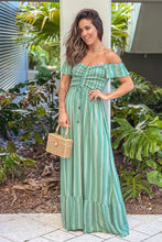 Load image into Gallery viewer, Green Striped Off Shoulder Maxi Dress
